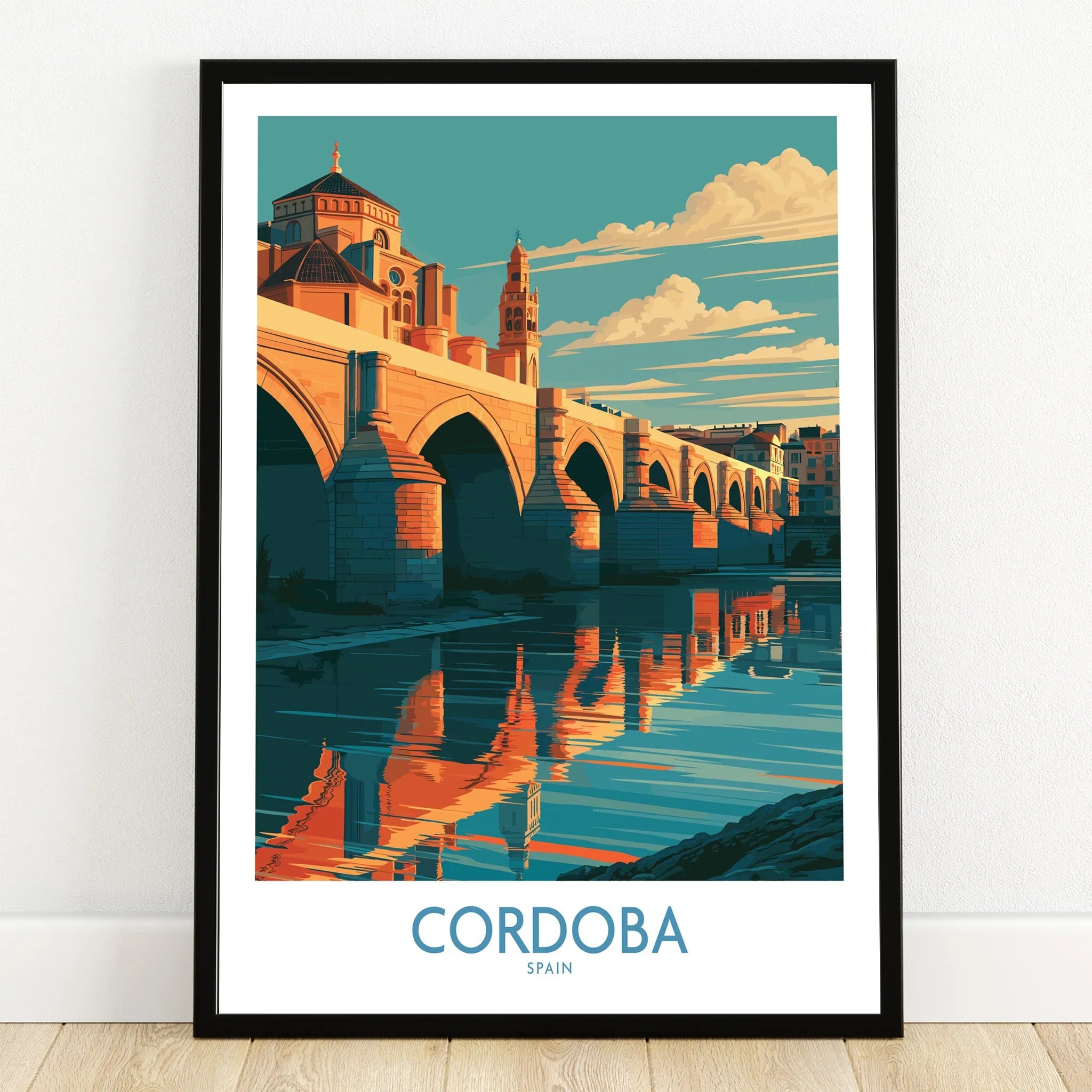Cordoba Spain Roman Bridge Wall Art — art print in black frame on wooden floor