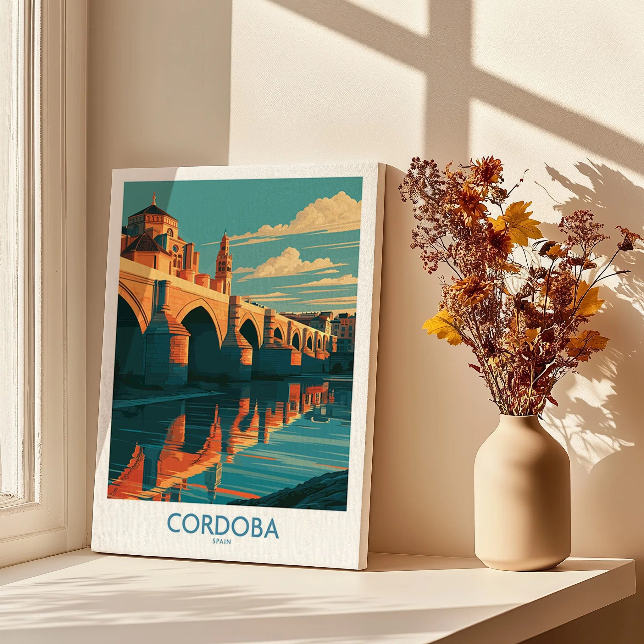 Cordoba Spain Roman Bridge Wall Art — canvas print window setting with shadows flowers