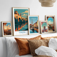 Cordoba Spain Roman Bridge Wall Art — set five framed artprints above bed natural wood frames