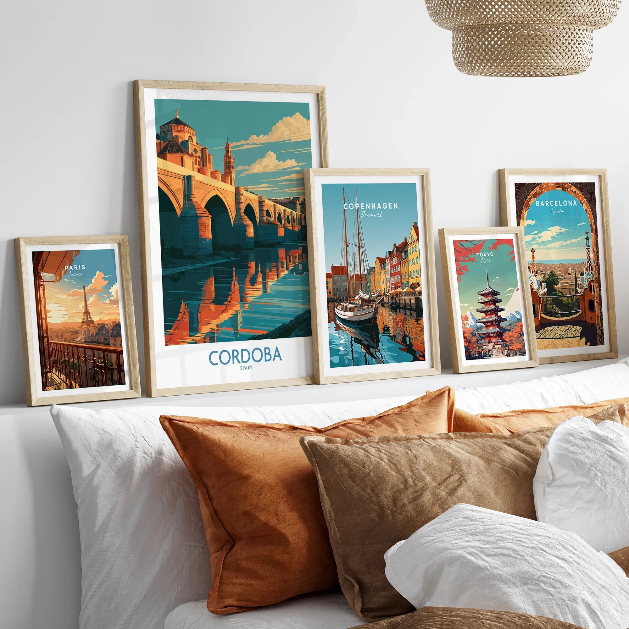 Cordoba Spain Roman Bridge Wall Art — set five framed artprints above bed natural wood frames