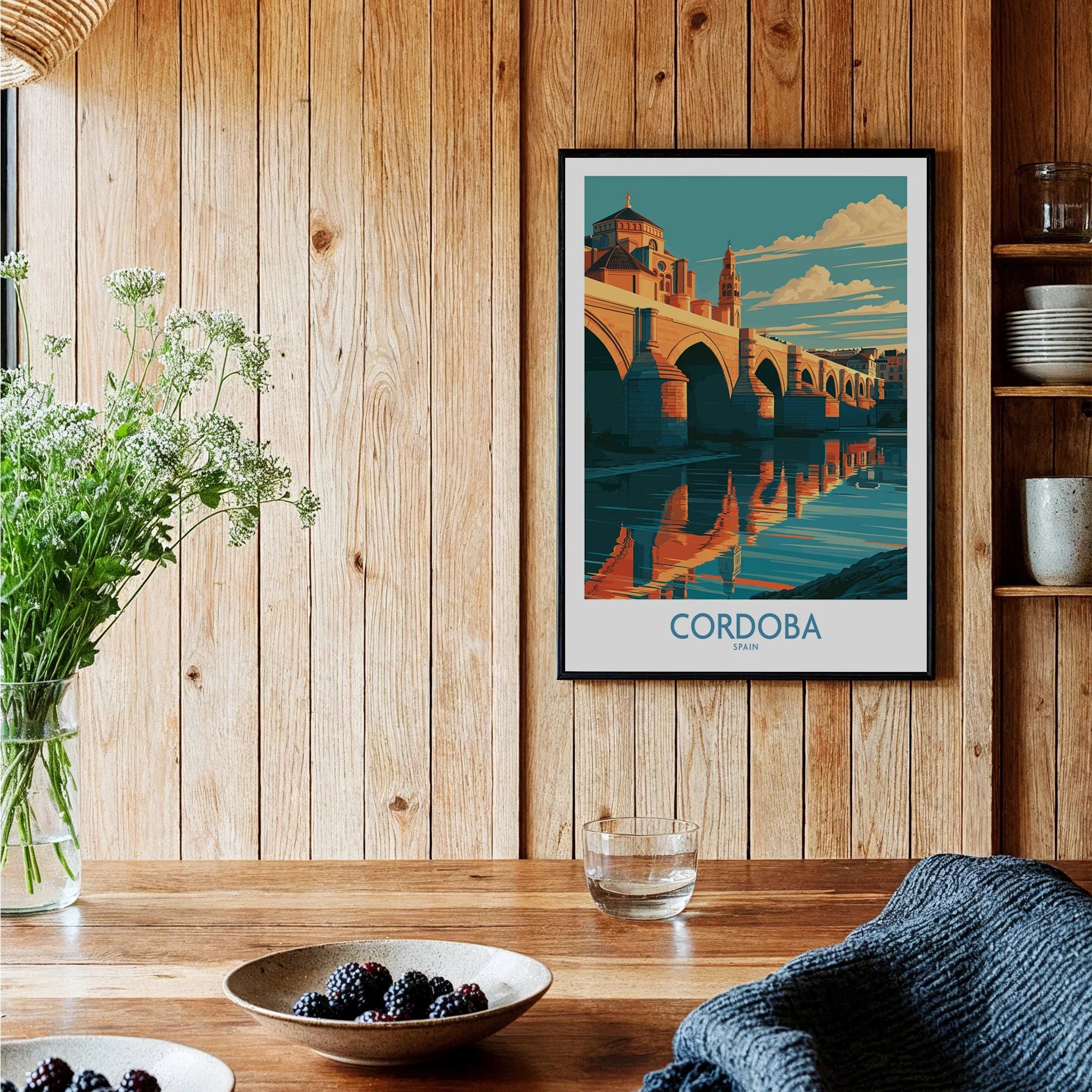 Cordoba Spain Roman Bridge Wall Art — black framed art print kitchen setting