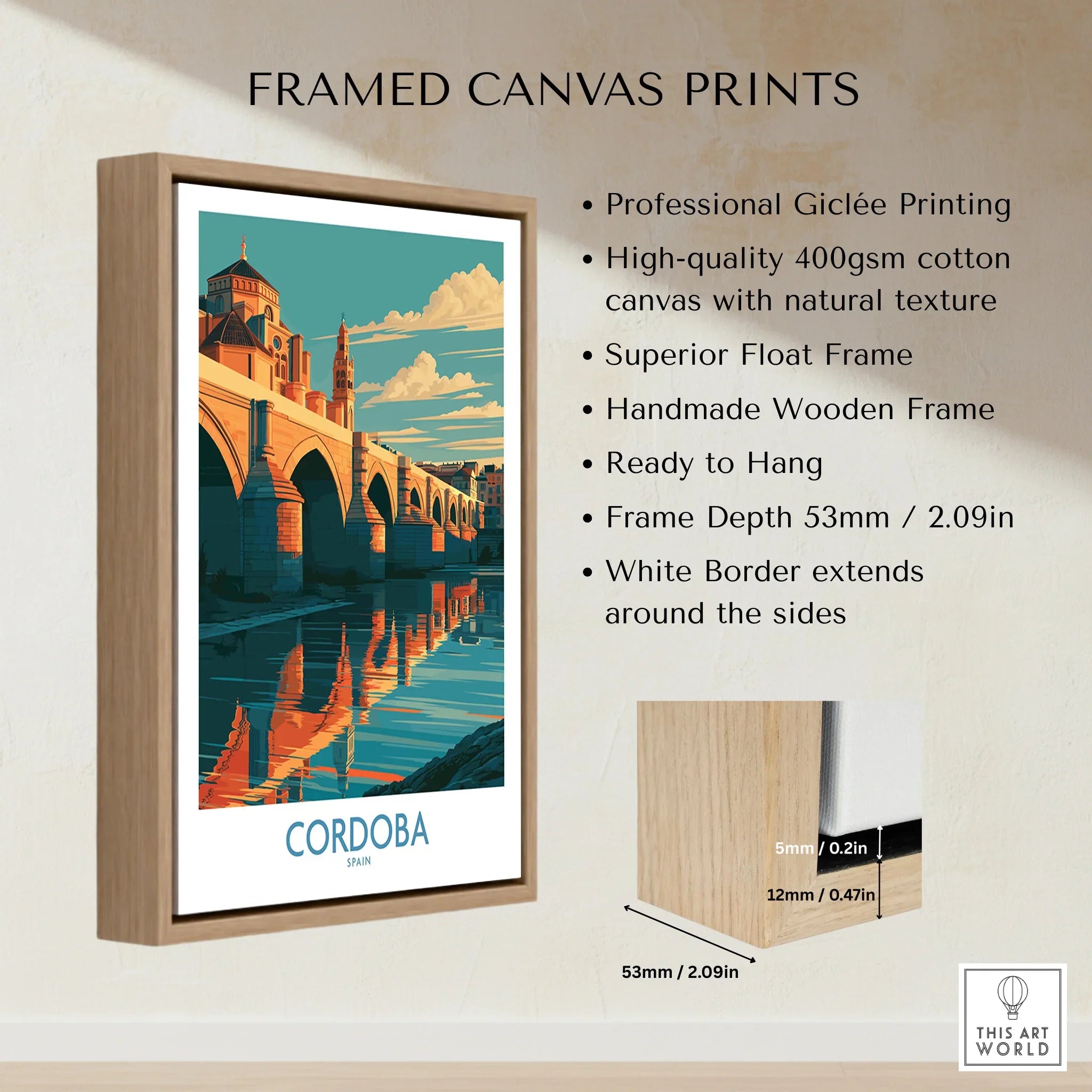 Cordoba Spain Roman Bridge Wall Art — framed canvas float frame details quality