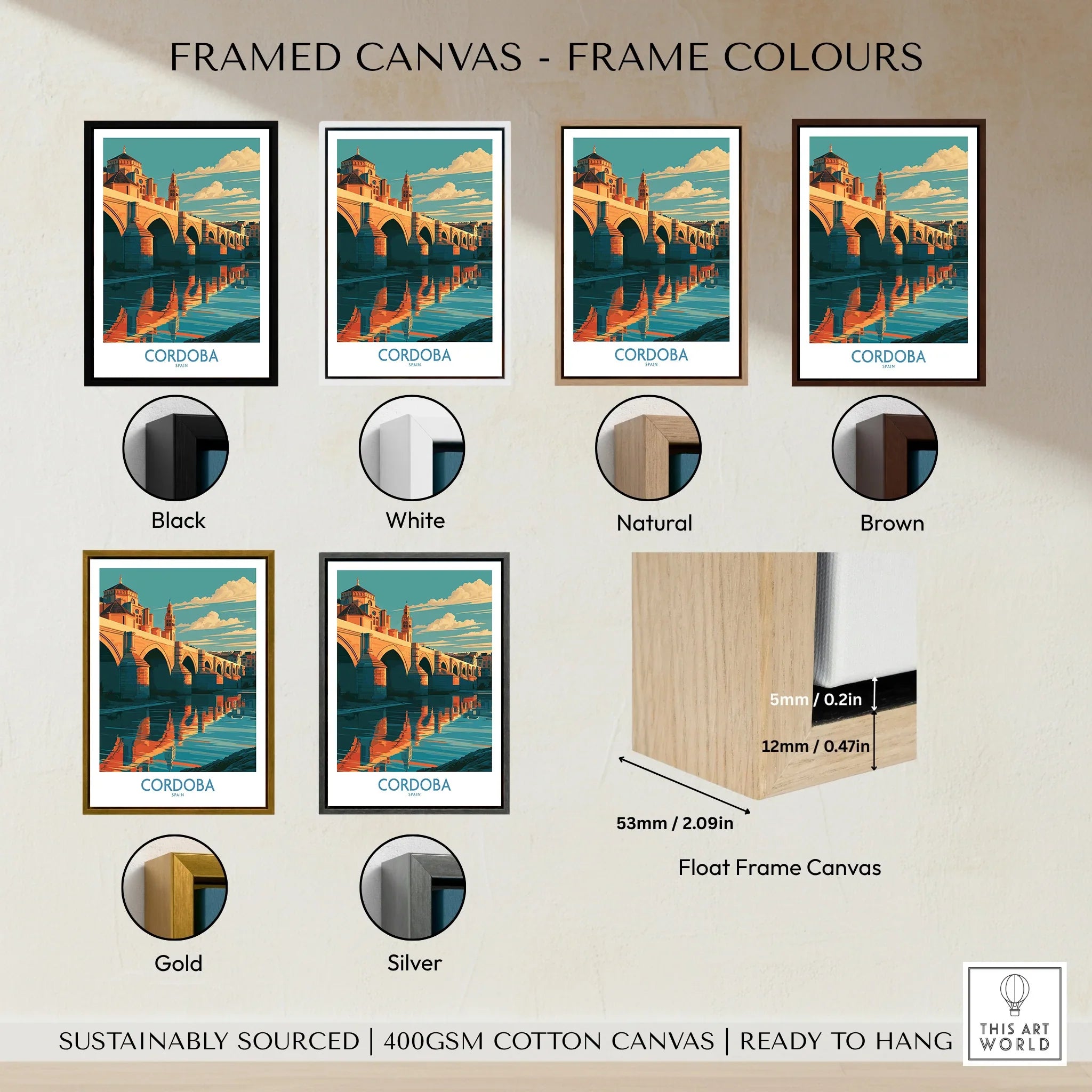 Cordoba Spain Roman Bridge Wall Art — framed canvas float frame colour options