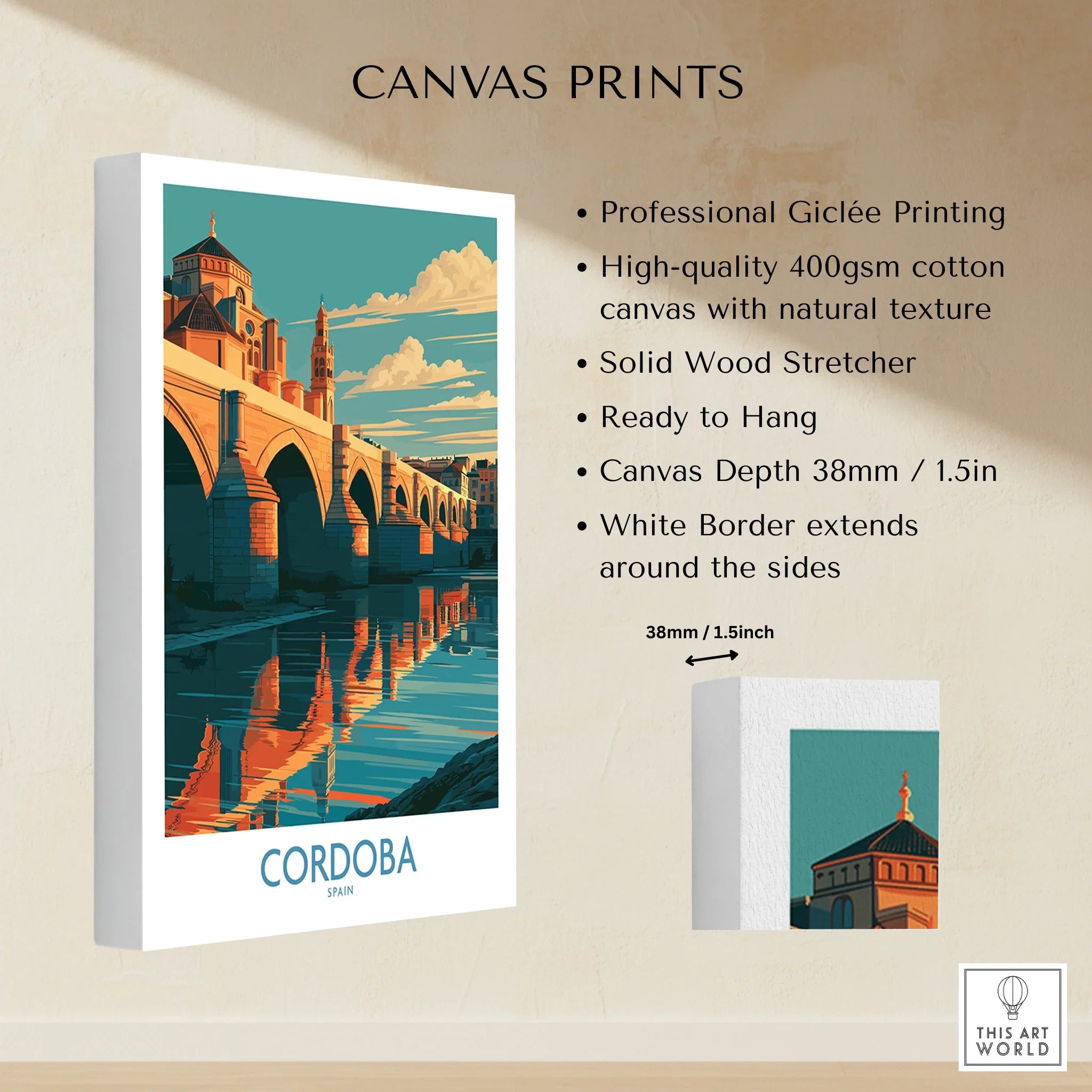 Cordoba Spain Roman Bridge Wall Art — canvas print stretched cotton canvas details