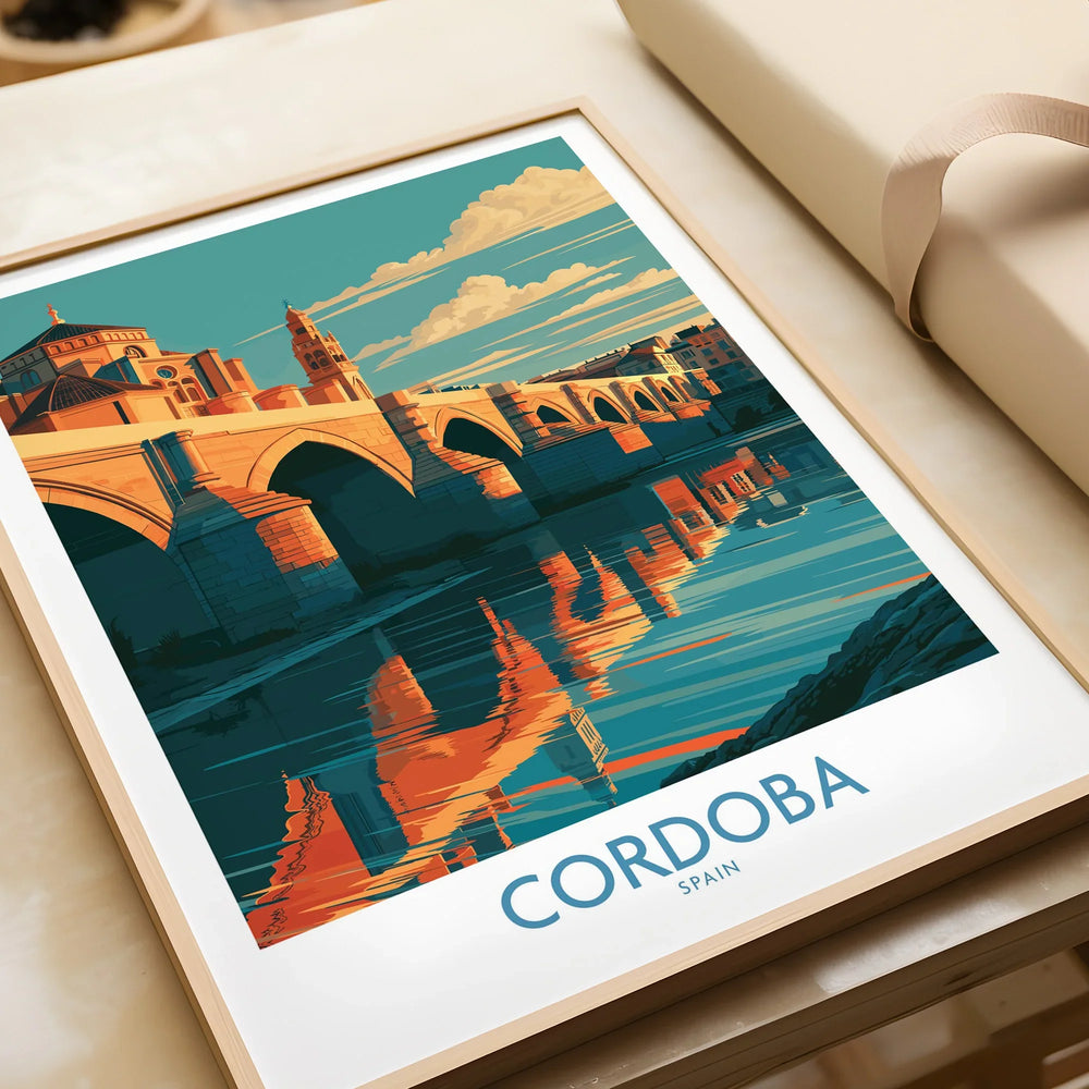 Cordoba Spain Roman Bridge Wall Art — framed art print closeup gift unwrapped natural frame
