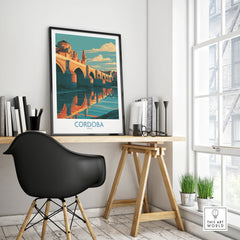 Cordoba Spain Roman Bridge Wall Art — framed poster black frame on office desk modern