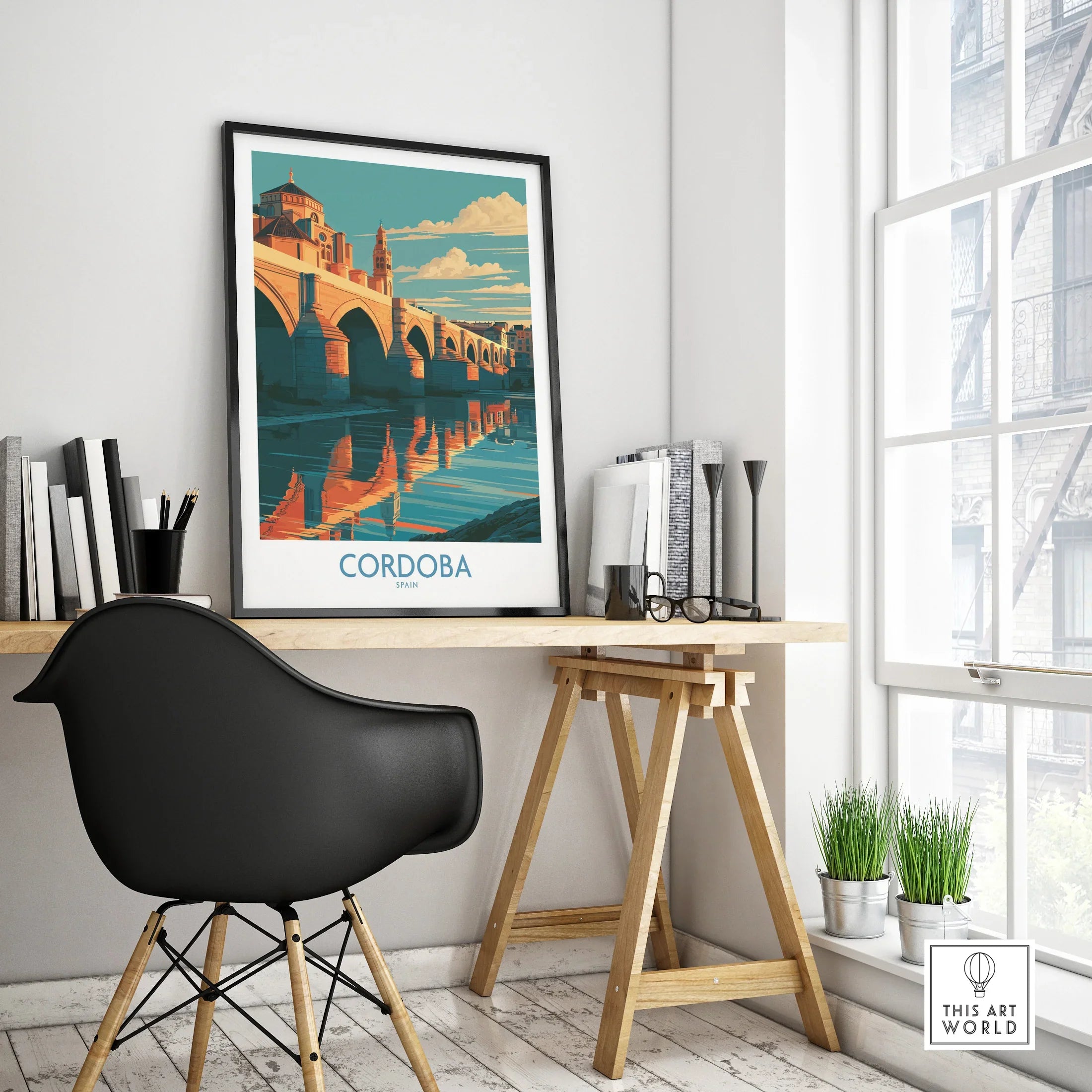 Cordoba Spain Roman Bridge Wall Art — framed poster black frame on office desk modern