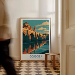 Cordoba Spain Roman Bridge Wall Art — framed canvas on floor man walking past
