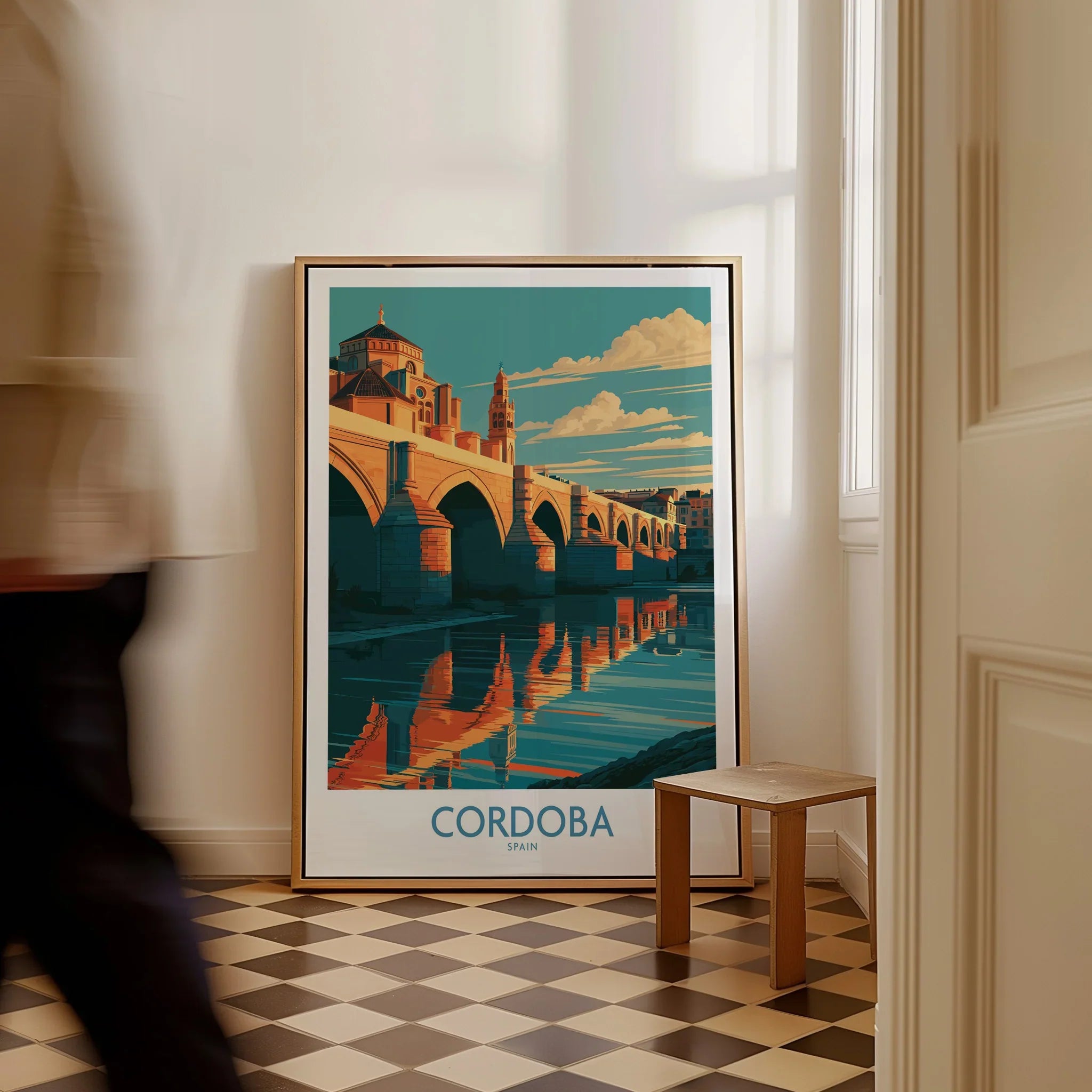 Cordoba Spain Roman Bridge Wall Art — framed canvas on floor man walking past