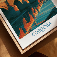 Cordoba Spain Roman Bridge Wall Art — closeup framed canvas natural wood floating frame