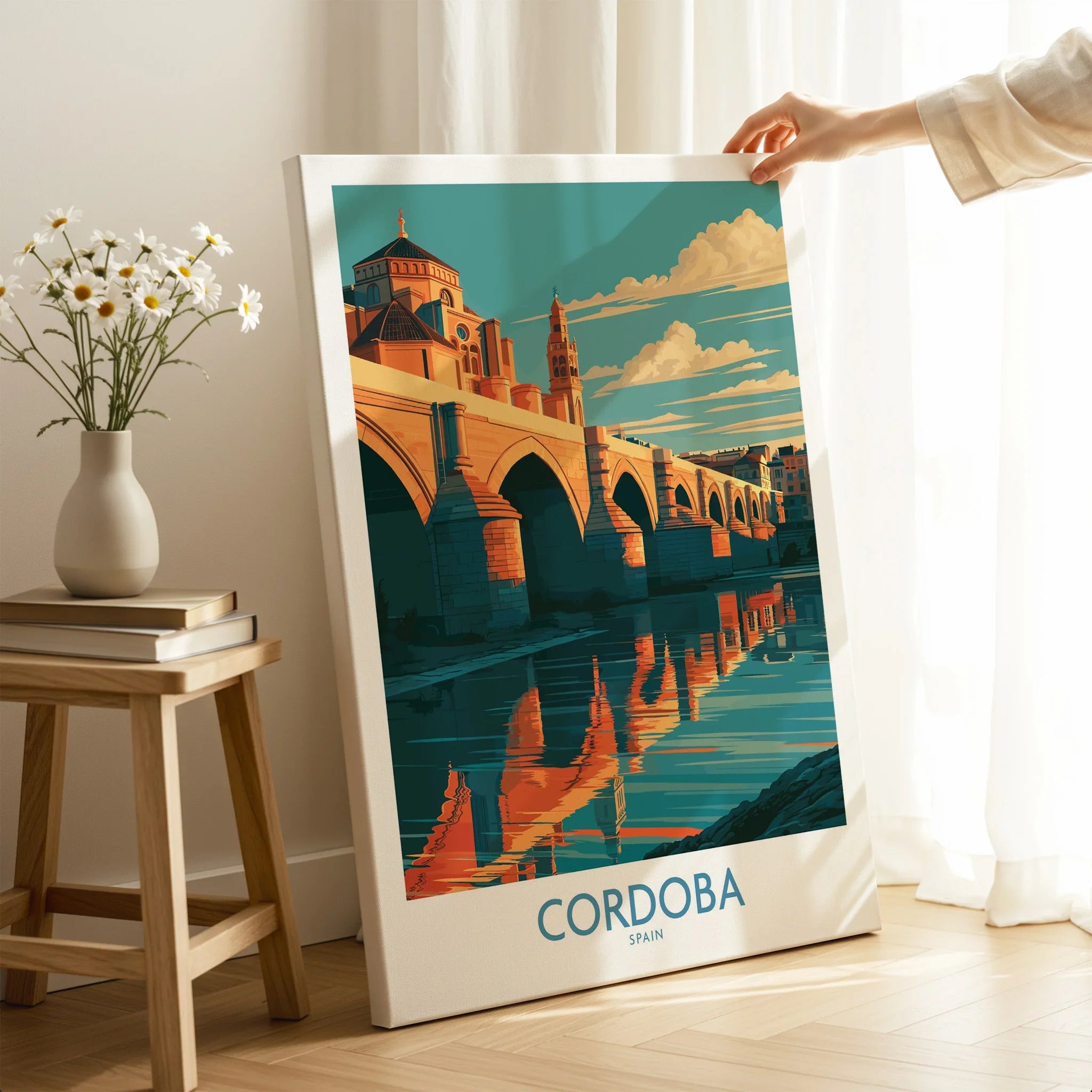 Cordoba Spain Roman Bridge Wall Art — canvas print mirror edge hand holding room setting