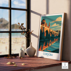 Cordoba Spain Roman Bridge Wall Art — framed print window view natural wood frame