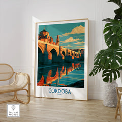Cordoba Spain Roman Bridge Wall Art — large framed print room setting chair plant