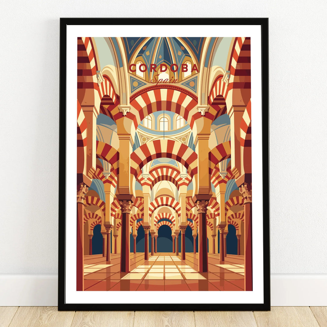 Cordoba Spain Mezquita Arches Travel Poster — art print in black frame on wooden floor
