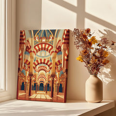Cordoba Spain Mezquita Arches Travel Poster — canvas print window setting with shadows flowers