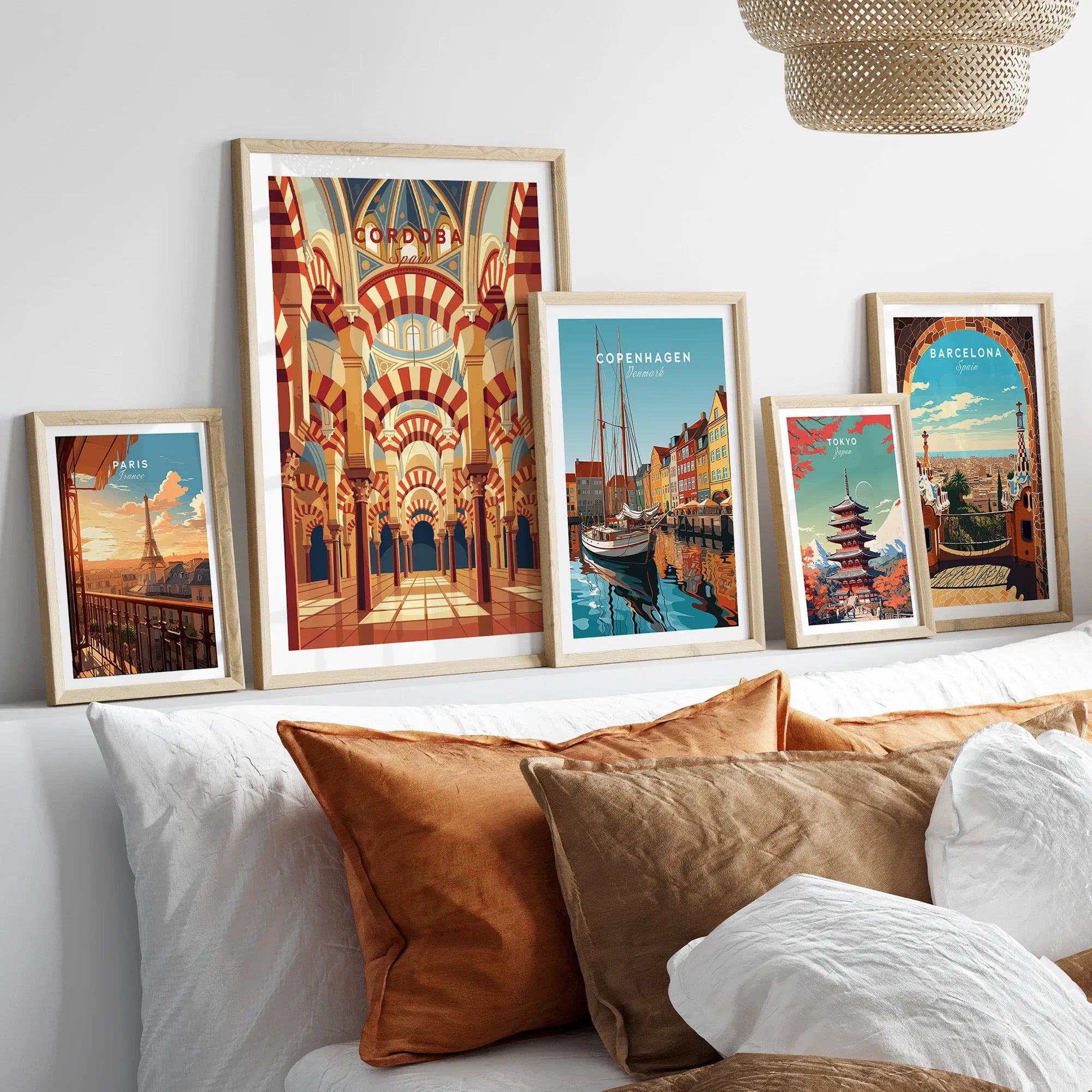 Cordoba Spain Mezquita Arches Travel Poster — set five framed artprints above bed natural wood frames