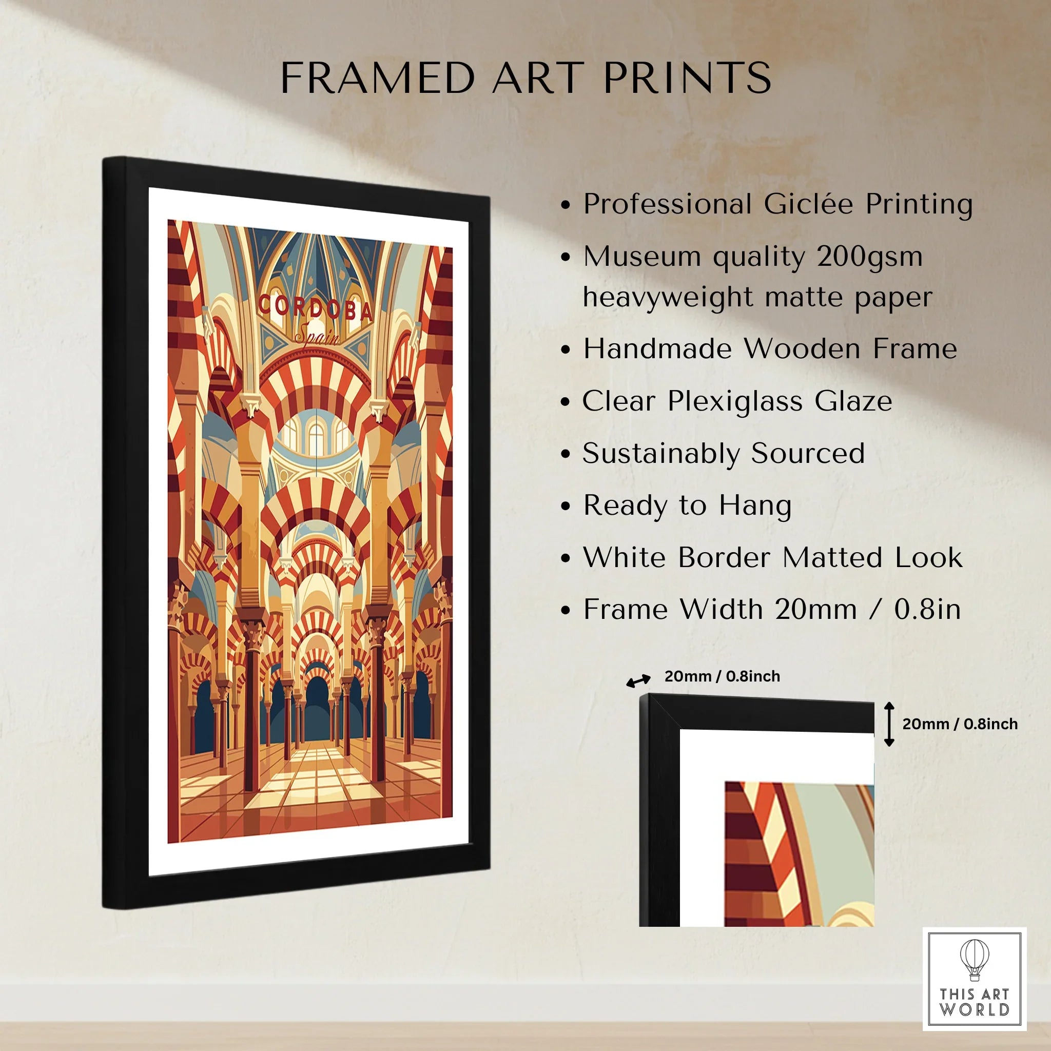 Cordoba Spain Mezquita Arches Travel Poster — framed print details measurements quality details