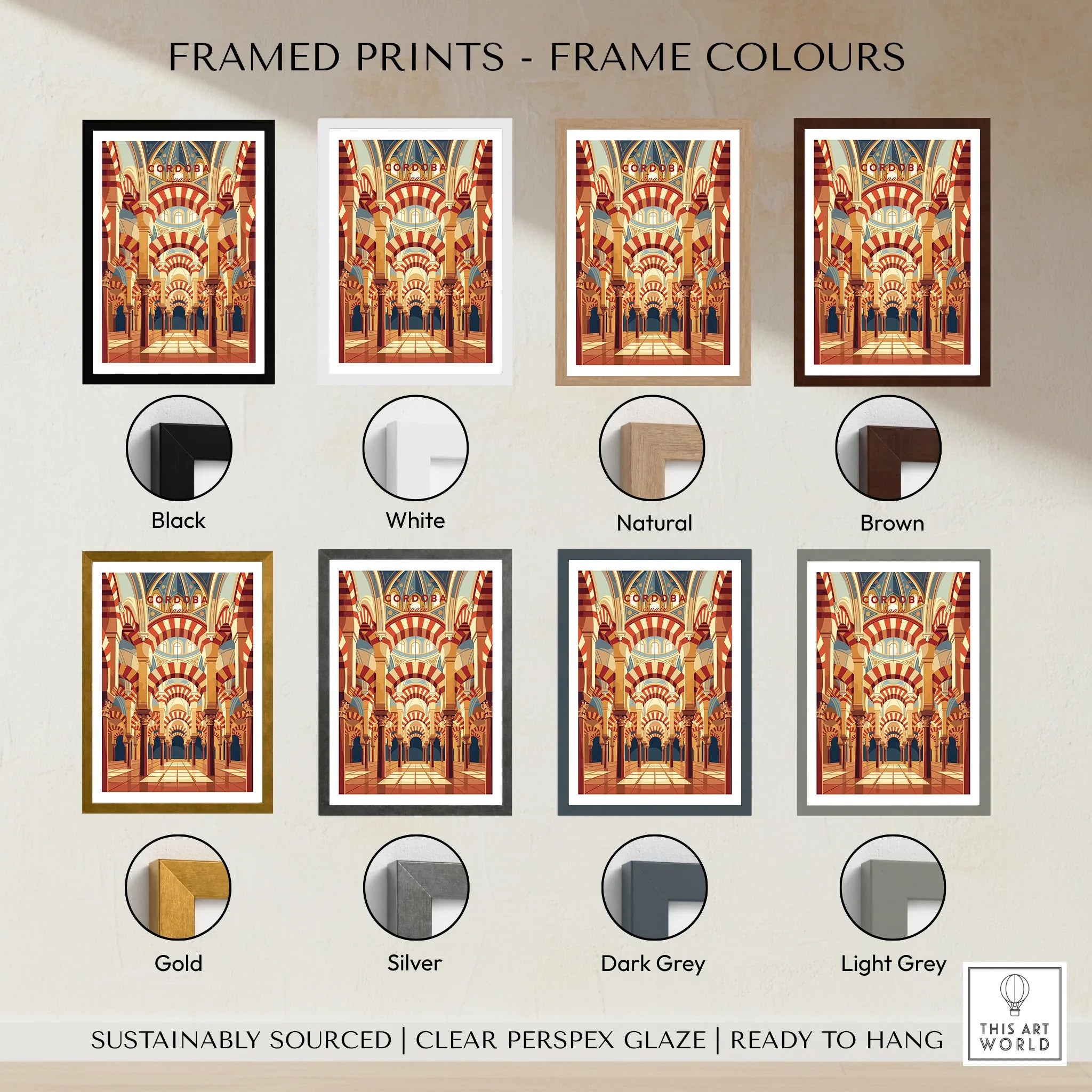 Cordoba Spain Mezquita Arches Travel Poster — framed print colour options