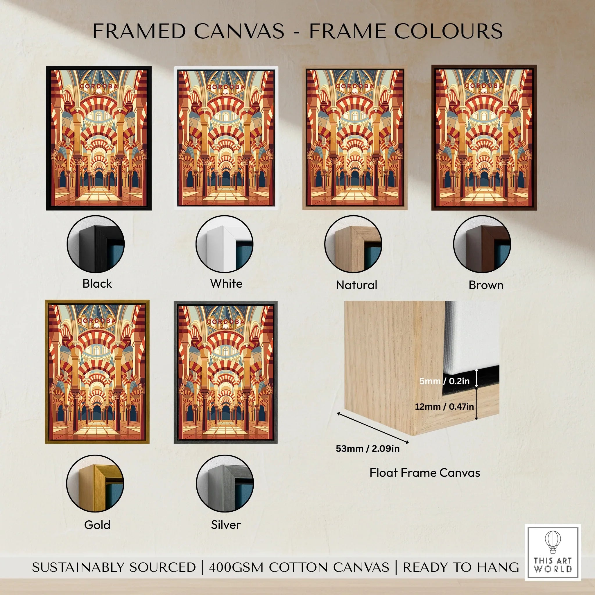 Cordoba Spain Mezquita Arches Travel Poster — framed canvas float frame colour options