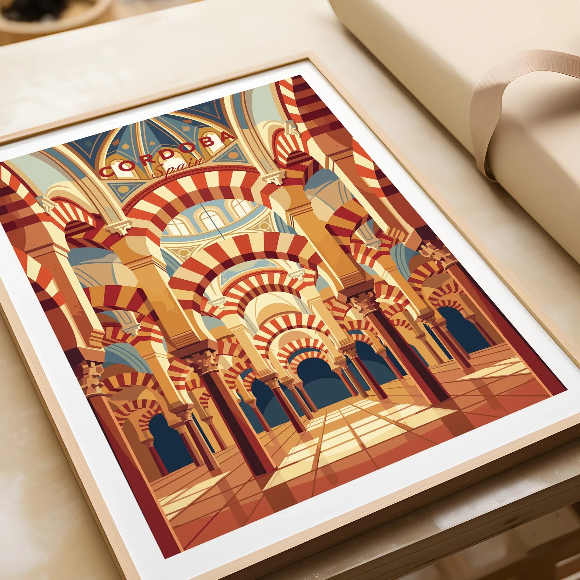 Cordoba Spain Mezquita Arches Travel Poster — framed art print closeup gift unwrapped natural frame