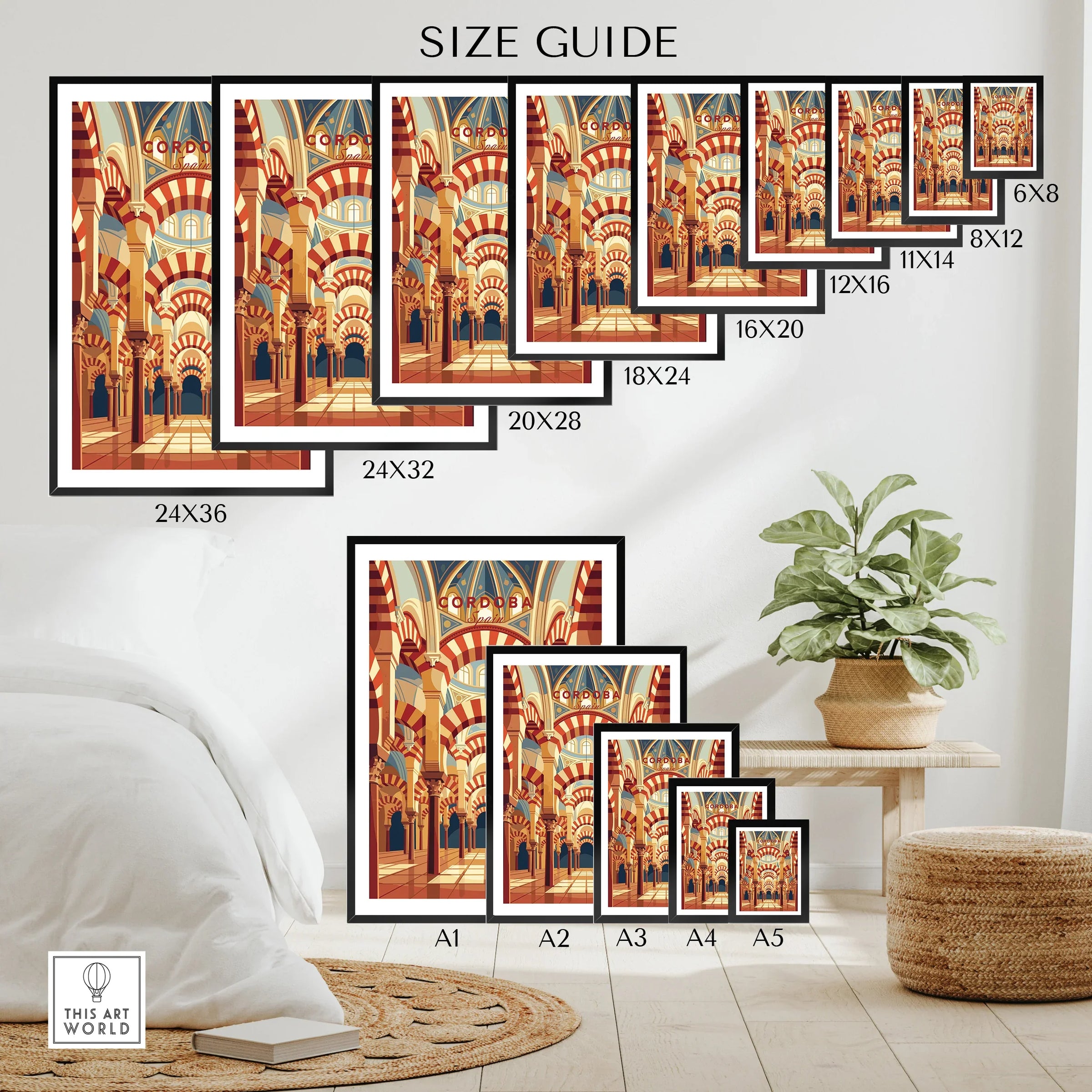 Cordoba Spain Mezquita Arches Travel Poster — wall art poster size guide thisartworld