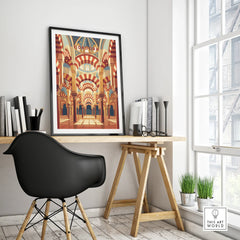 Cordoba Spain Mezquita Arches Travel Poster — framed poster black frame on office desk modern