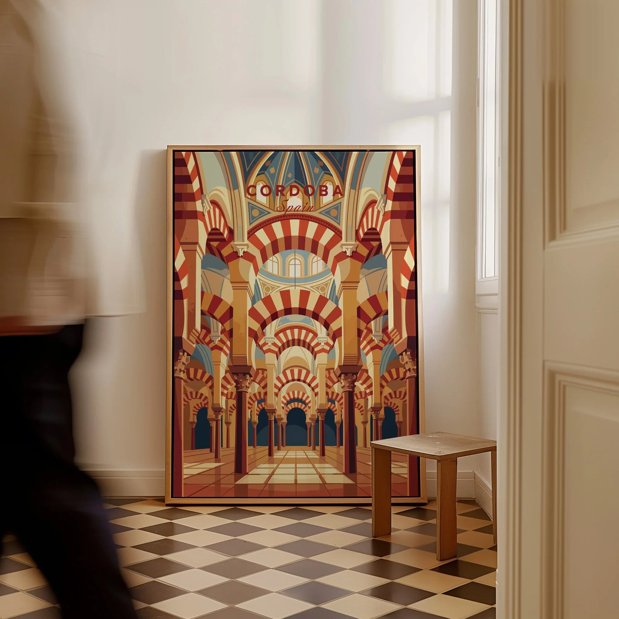 Cordoba Spain Mezquita Arches Travel Poster — framed canvas on floor man walking past