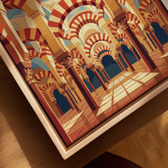Cordoba Spain Mezquita Arches Travel Poster — closeup framed canvas natural wood floating frame