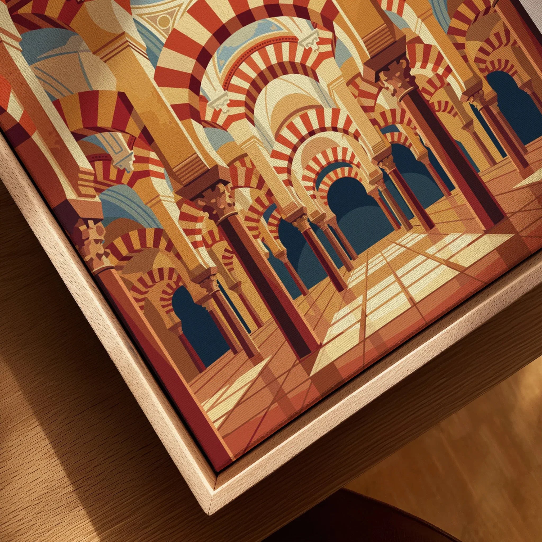 Cordoba Spain Mezquita Arches Travel Poster — closeup framed canvas natural wood floating frame