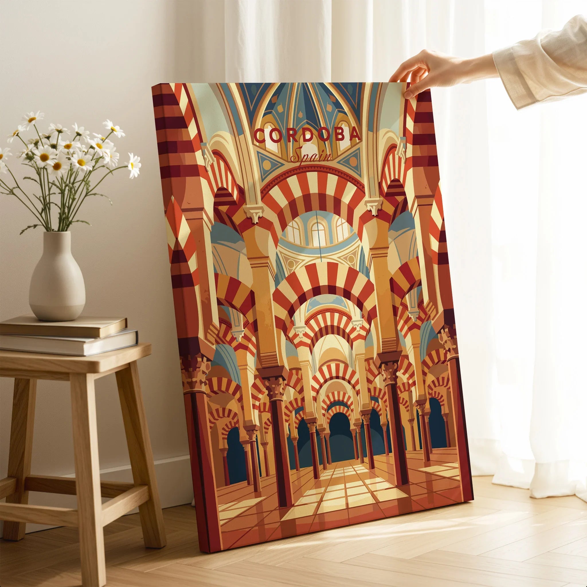 Cordoba Spain Mezquita Arches Travel Poster — canvas print mirror edge hand holding room setting