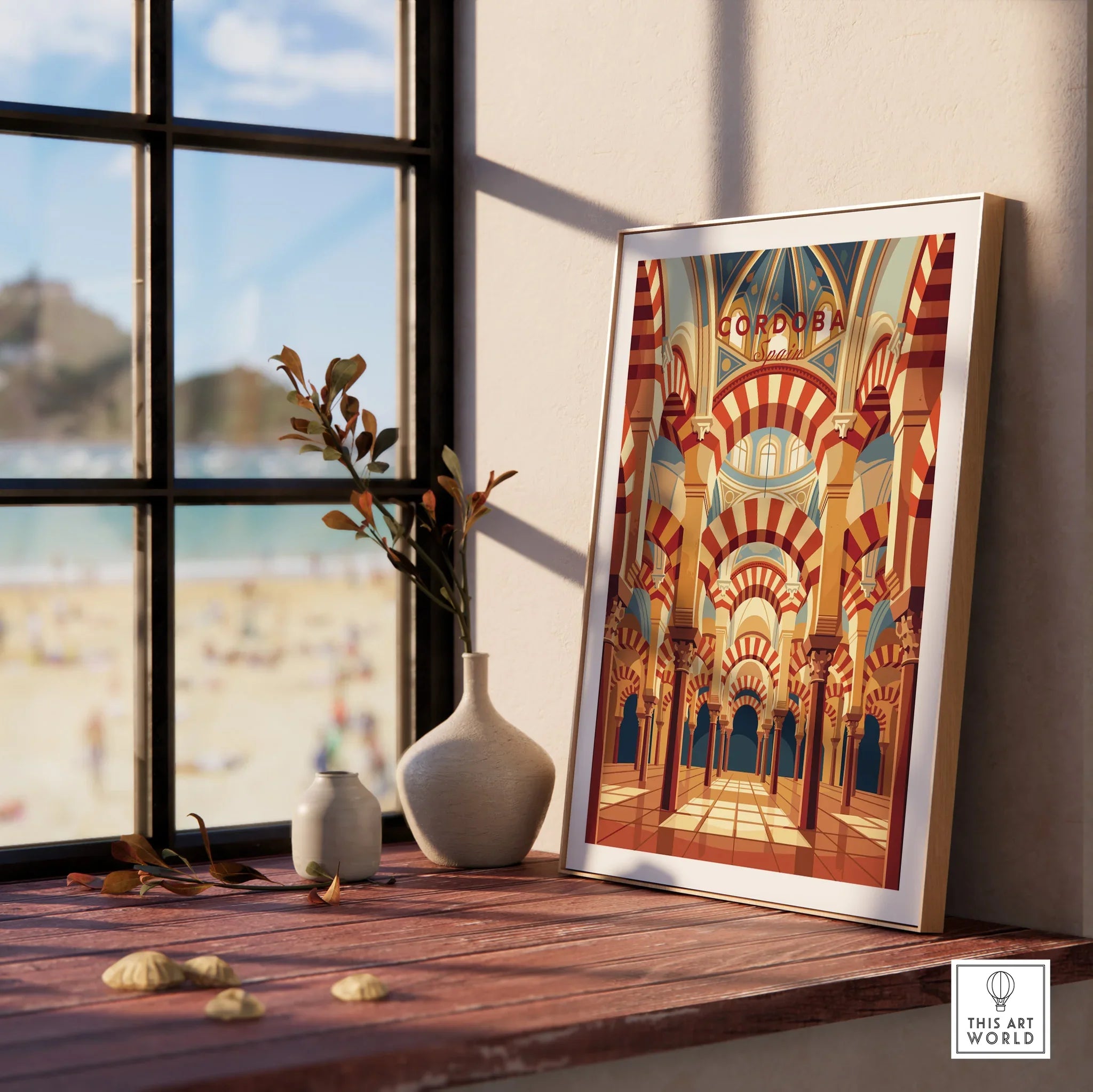 Cordoba Spain Mezquita Arches Travel Poster — framed print window view natural wood frame