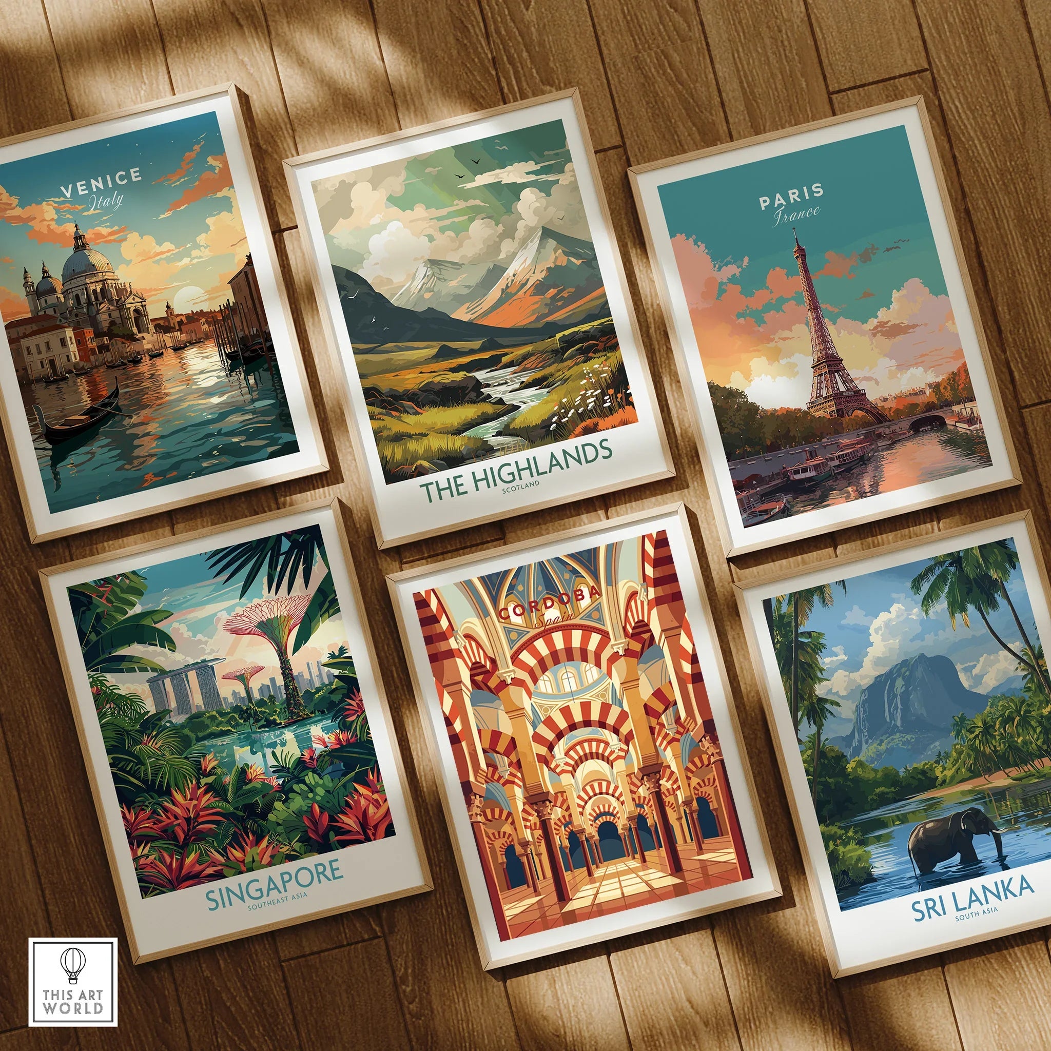 Cordoba Spain Mezquita Arches Travel Poster — set six framed art prints wooden floor natural wood frames