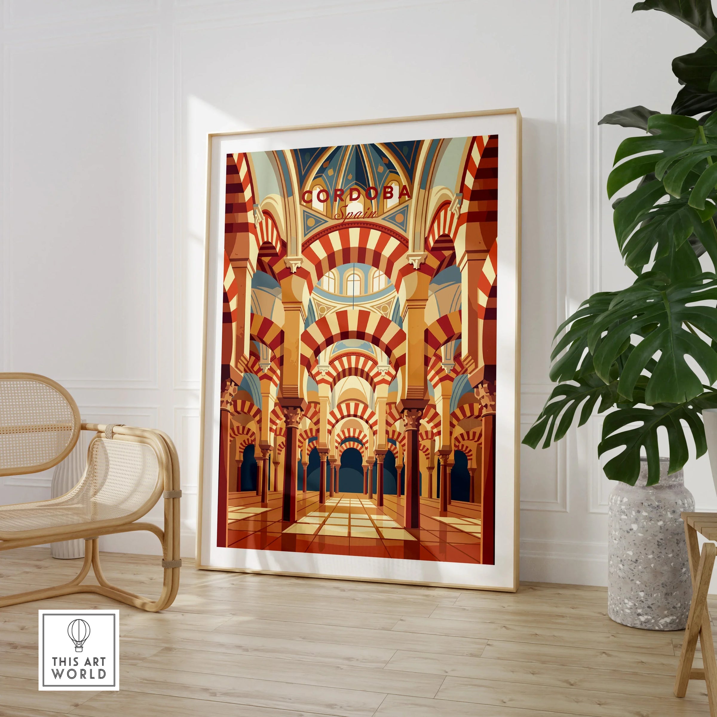 Cordoba Spain Mezquita Arches Travel Poster — large framed print room setting chair plant