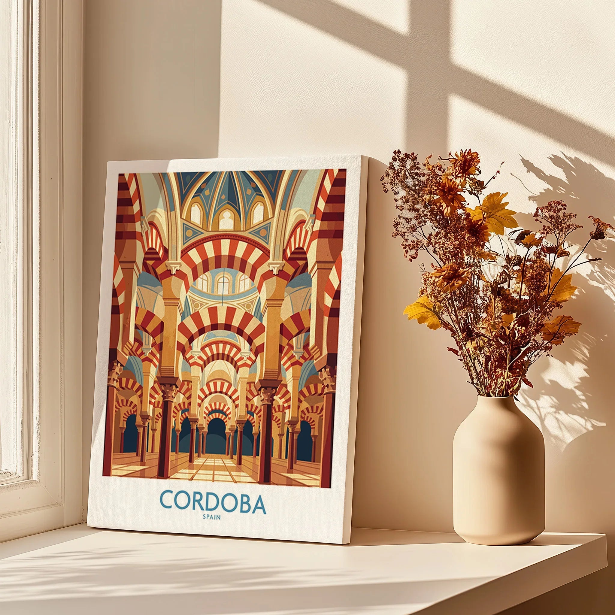 Cordoba Spain Mezquita Arches Wall Art — canvas print window setting with shadows flowers