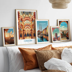Cordoba Spain Mezquita Arches Wall Art — set five framed artprints above bed natural wood frames