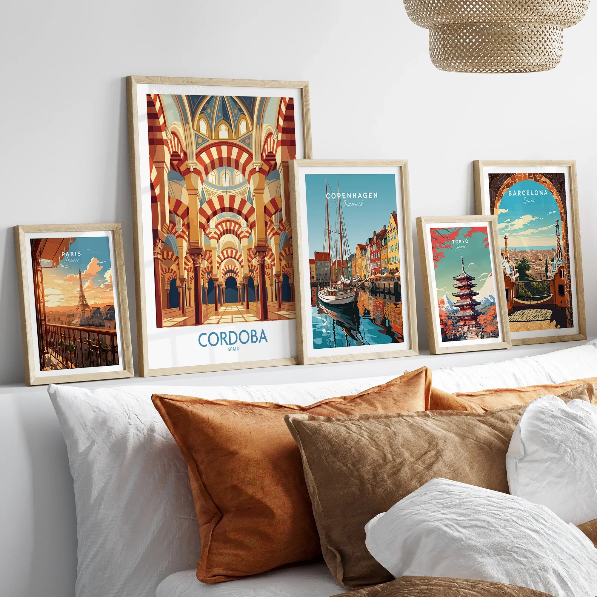 Cordoba Spain Mezquita Arches Wall Art — set five framed artprints above bed natural wood frames