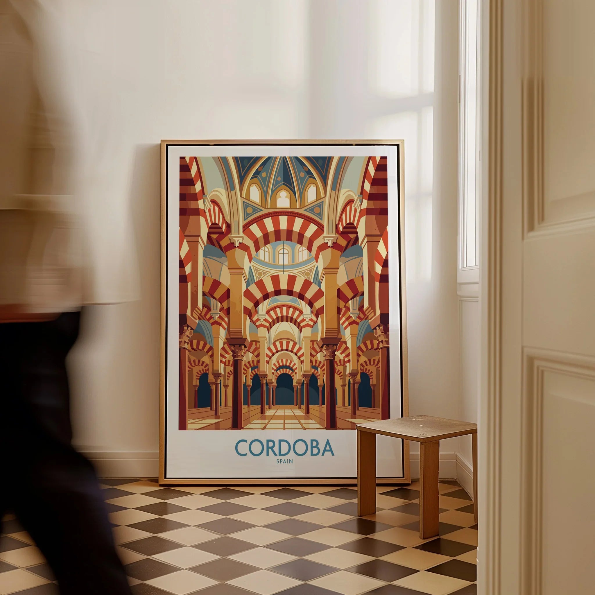 Cordoba Spain Mezquita Arches Wall Art — framed canvas on floor man walking past