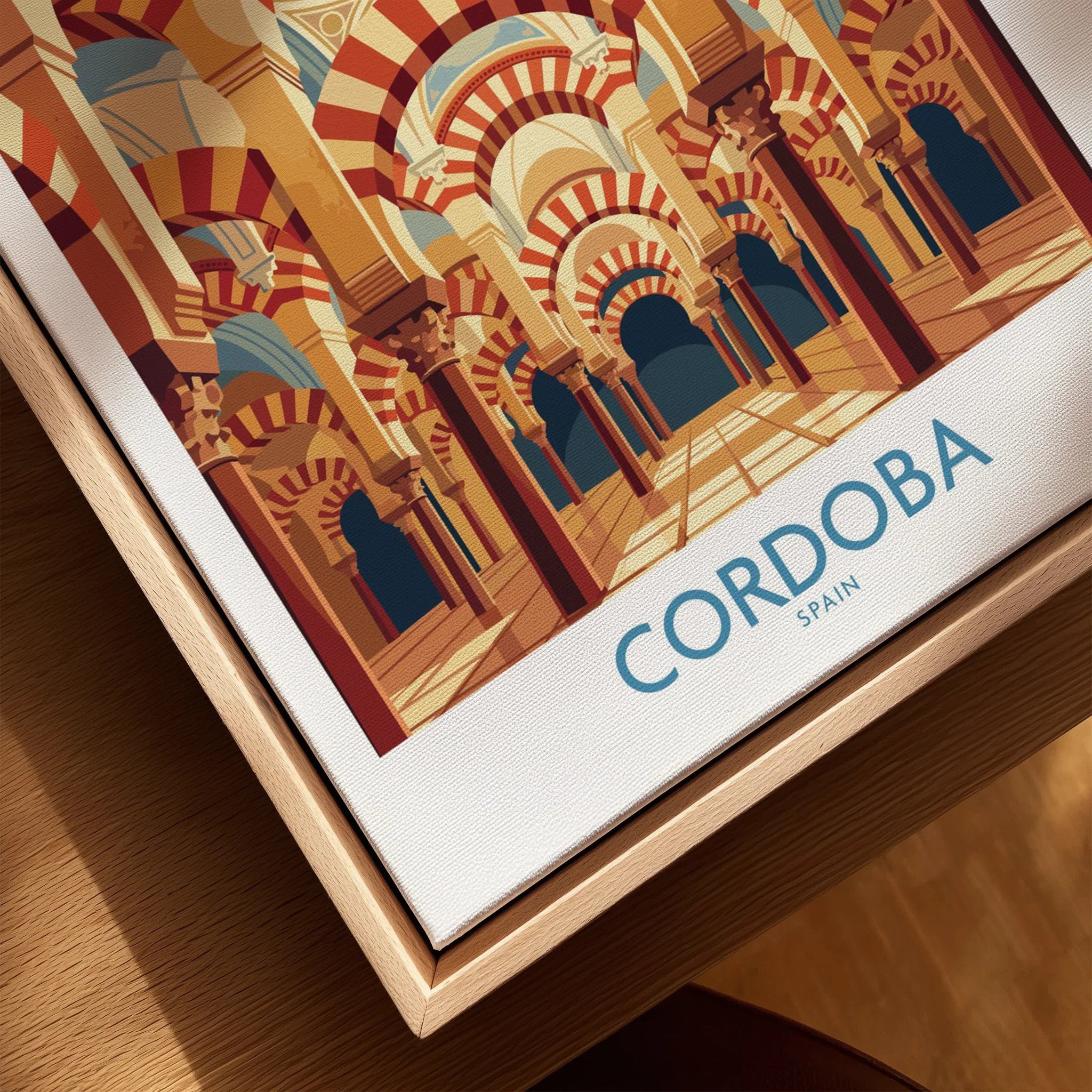 Cordoba Spain Mezquita Arches Wall Art — closeup framed canvas natural wood floating frame