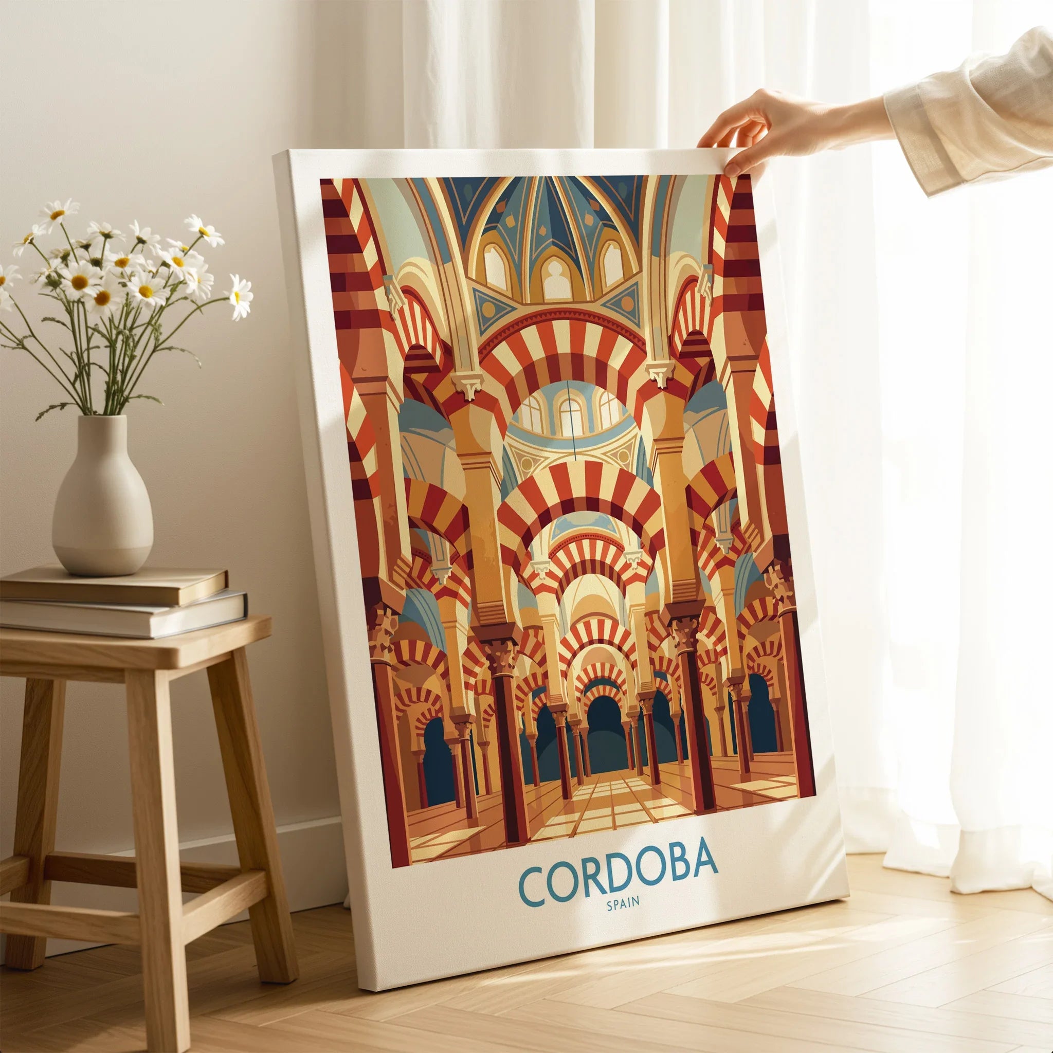 Cordoba Spain Mezquita Arches Wall Art — canvas print mirror edge hand holding room setting