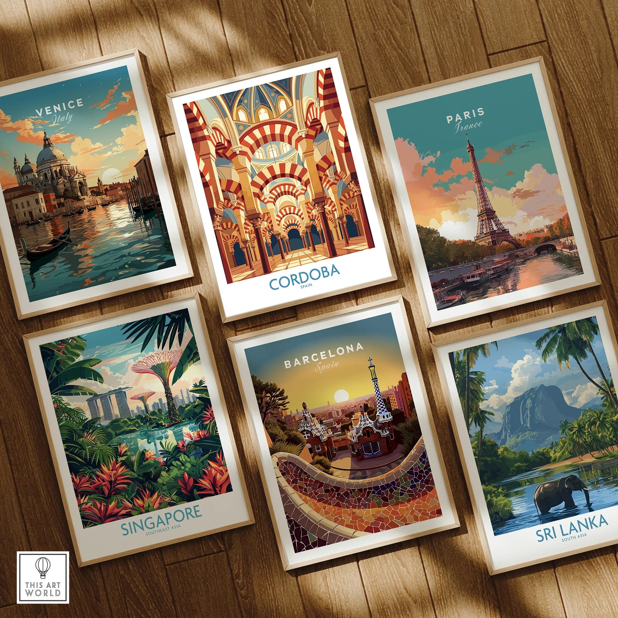 Cordoba Spain Mezquita Arches Wall Art — set six framed art prints wooden floor natural wood frames
