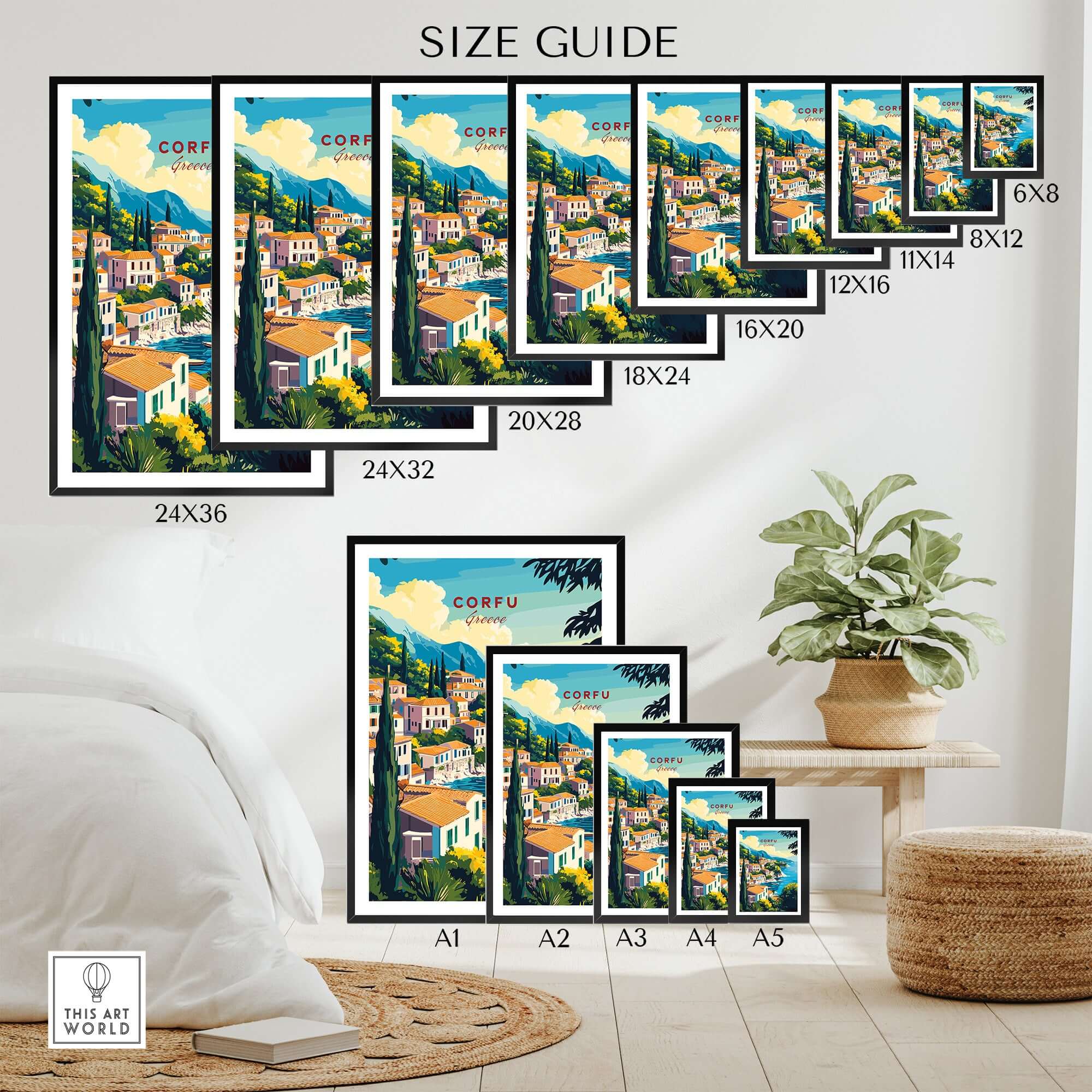 Corfu Greece Travel Poster | Coastal Town Wall Art Print size guide showing various frame sizes in a modern interior.