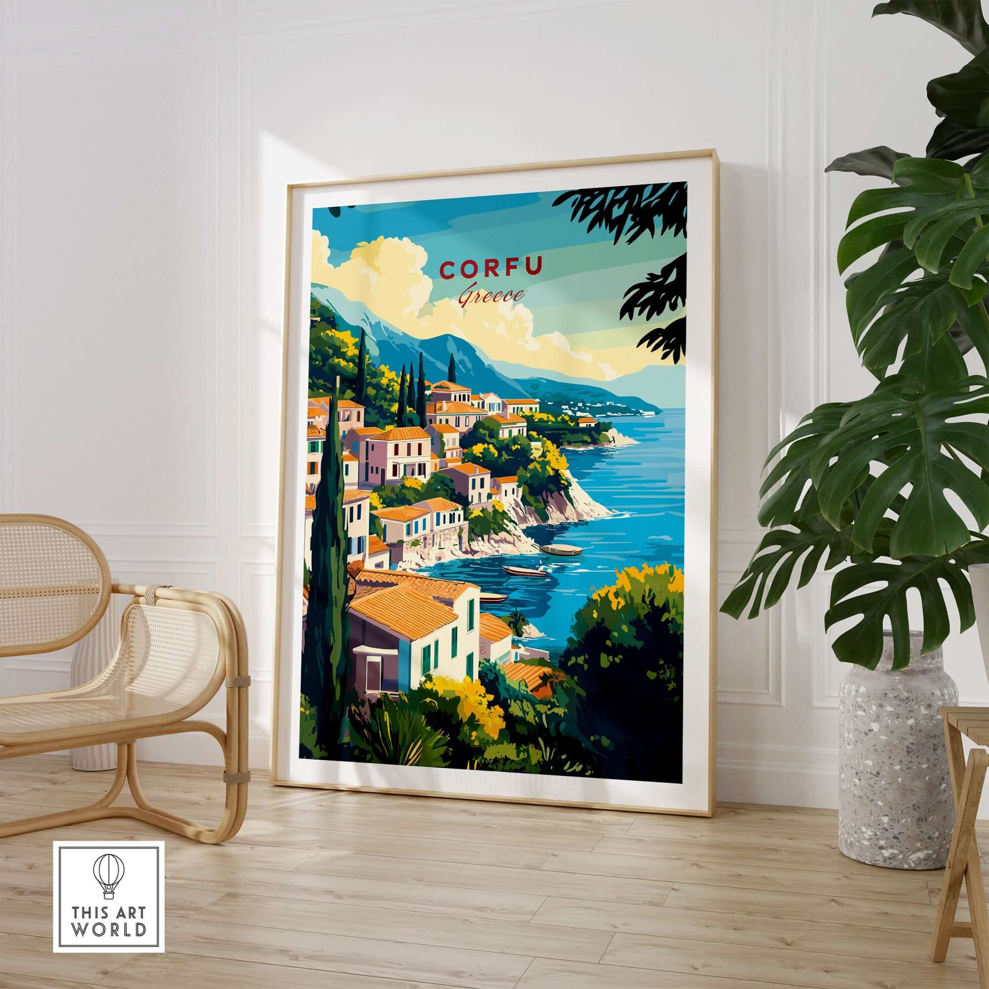 Corfu Greece Travel Poster | Coastal Town Wall Art Print featuring a scenic coastal view of Corfu, Greece in a stylish interior.