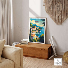 Corfu Greece Travel Poster | Coastal Town Wall Art Print displayed in a cozy living room setting.