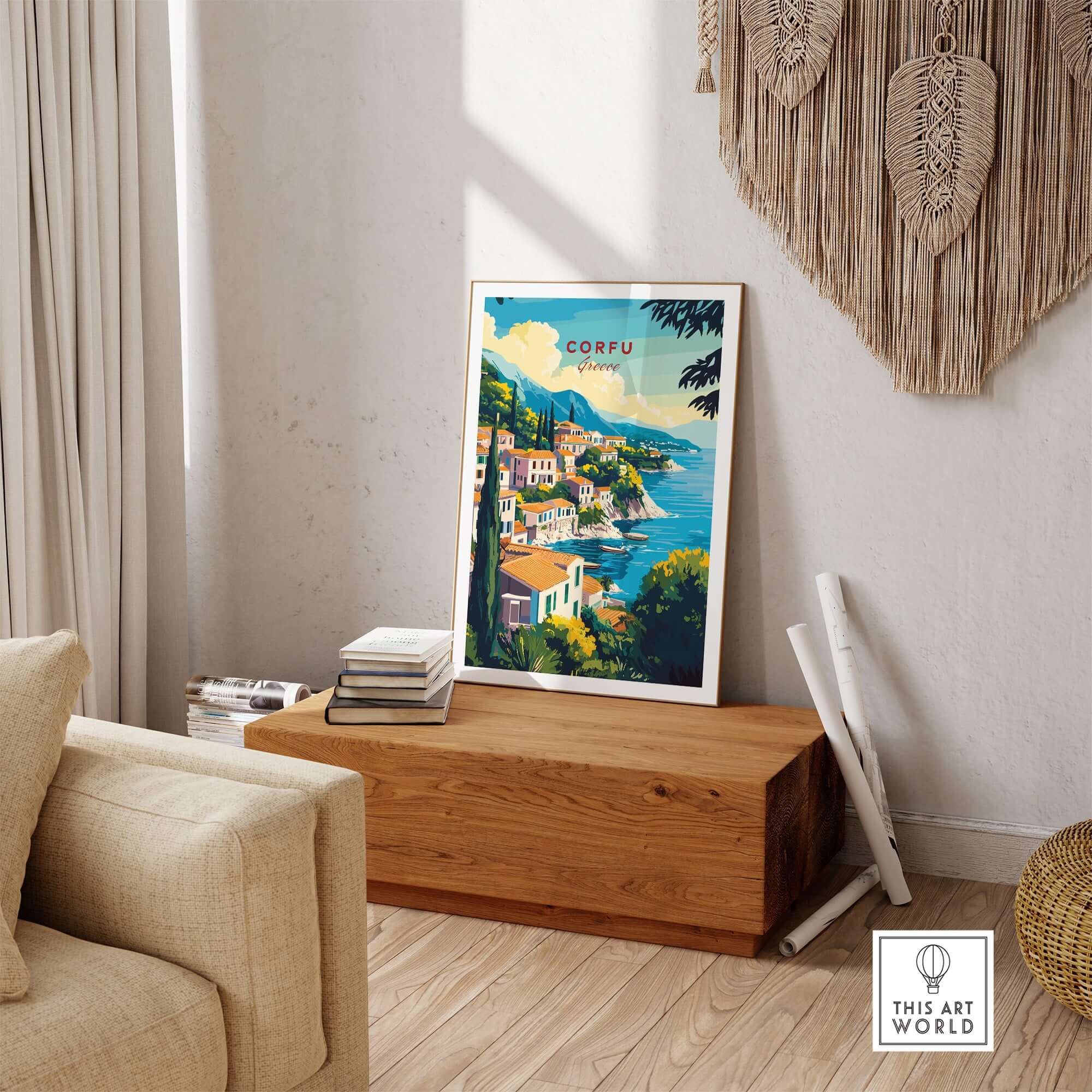 Corfu Greece Travel Poster | Coastal Town Wall Art Print displayed in a cozy living room setting.