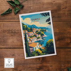 Corfu Greece Travel Poster | Coastal Town Wall Art Print featuring picturesque coastal village scenery.
