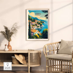 Corfu Greece Travel Poster | Coastal Town Wall Art Print depicting a picturesque coastal view of Corfu in a home setting.