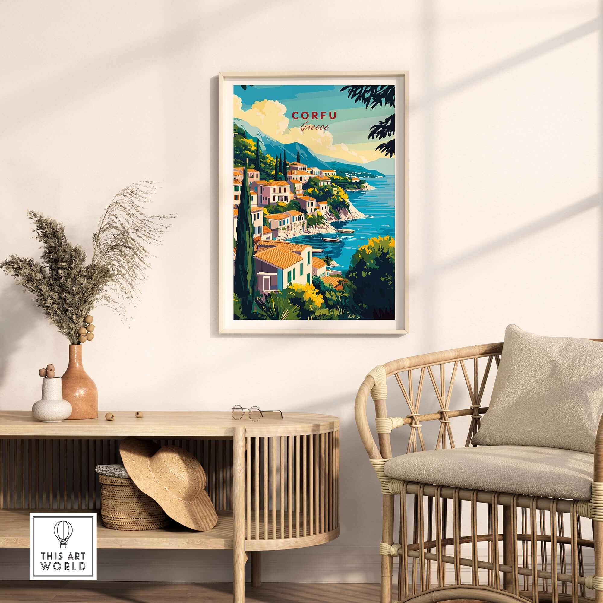 Corfu Greece Travel Poster | Coastal Town Wall Art Print depicting a picturesque coastal view of Corfu in a home setting.