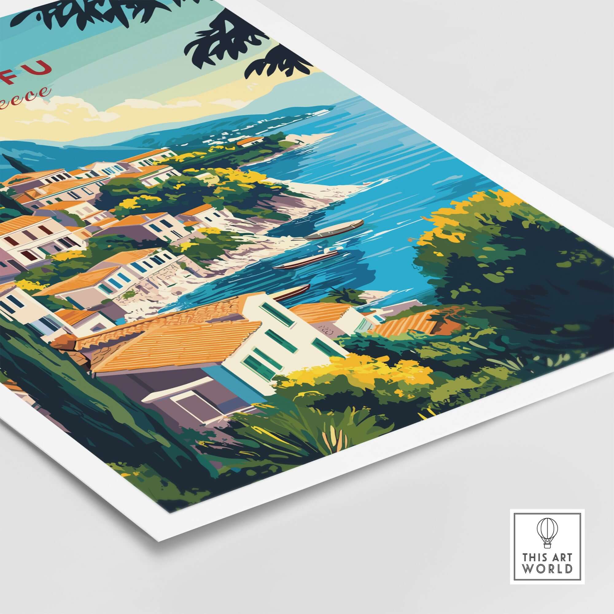Corfu Greece Travel Poster | Coastal Town Wall Art Print showcasing a picturesque coastal view of Corfu, Greece.