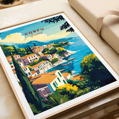 Corfu Greece Travel Poster | Coastal Town Wall Art Print showcasing a picturesque coastal view of Corfu Island.