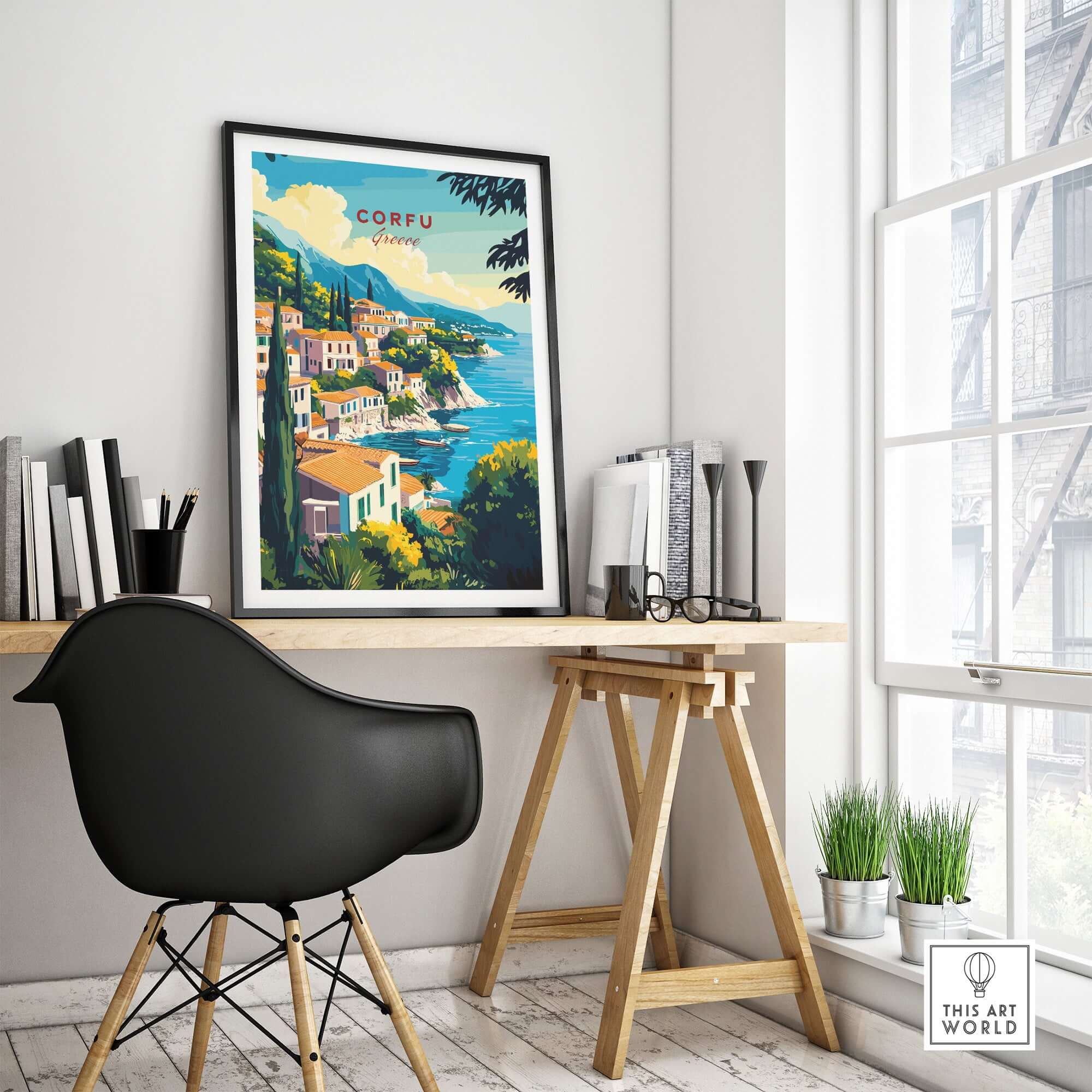 Corfu Greece Travel Poster | Coastal Town Wall Art Print displayed in a stylish home office setting.